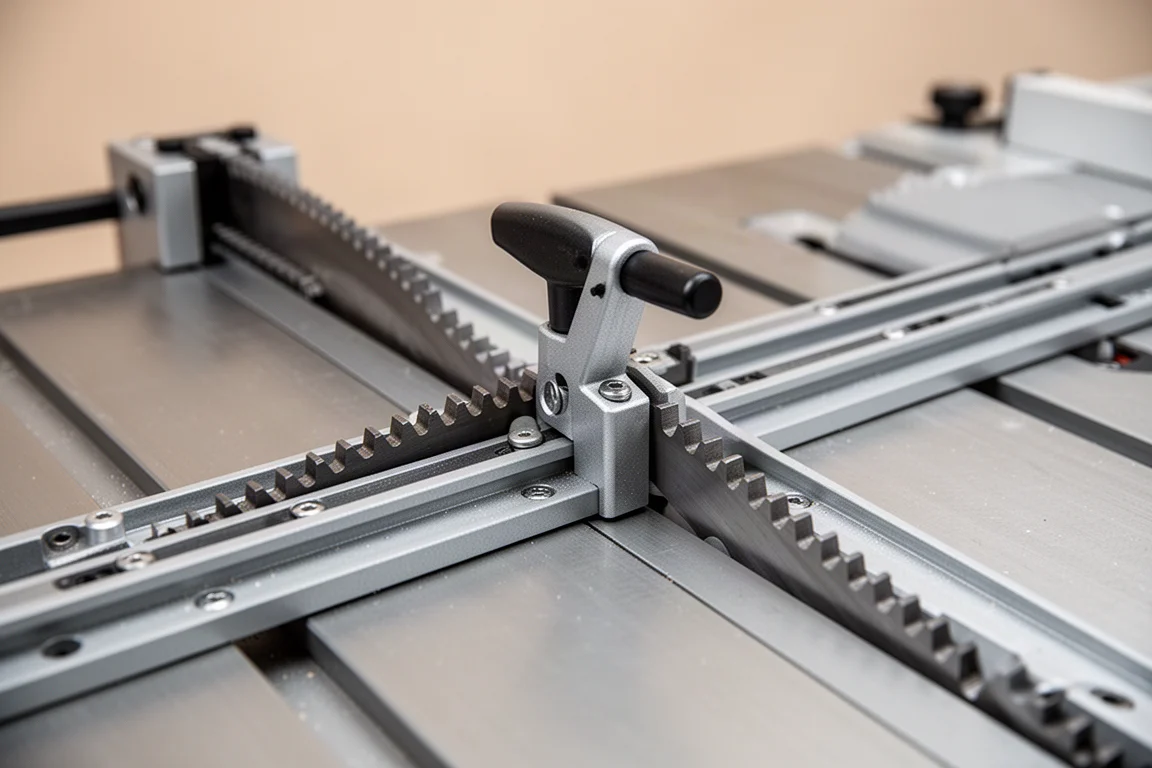 Close-up of a rack and pinion fence system gliding along table saw rails