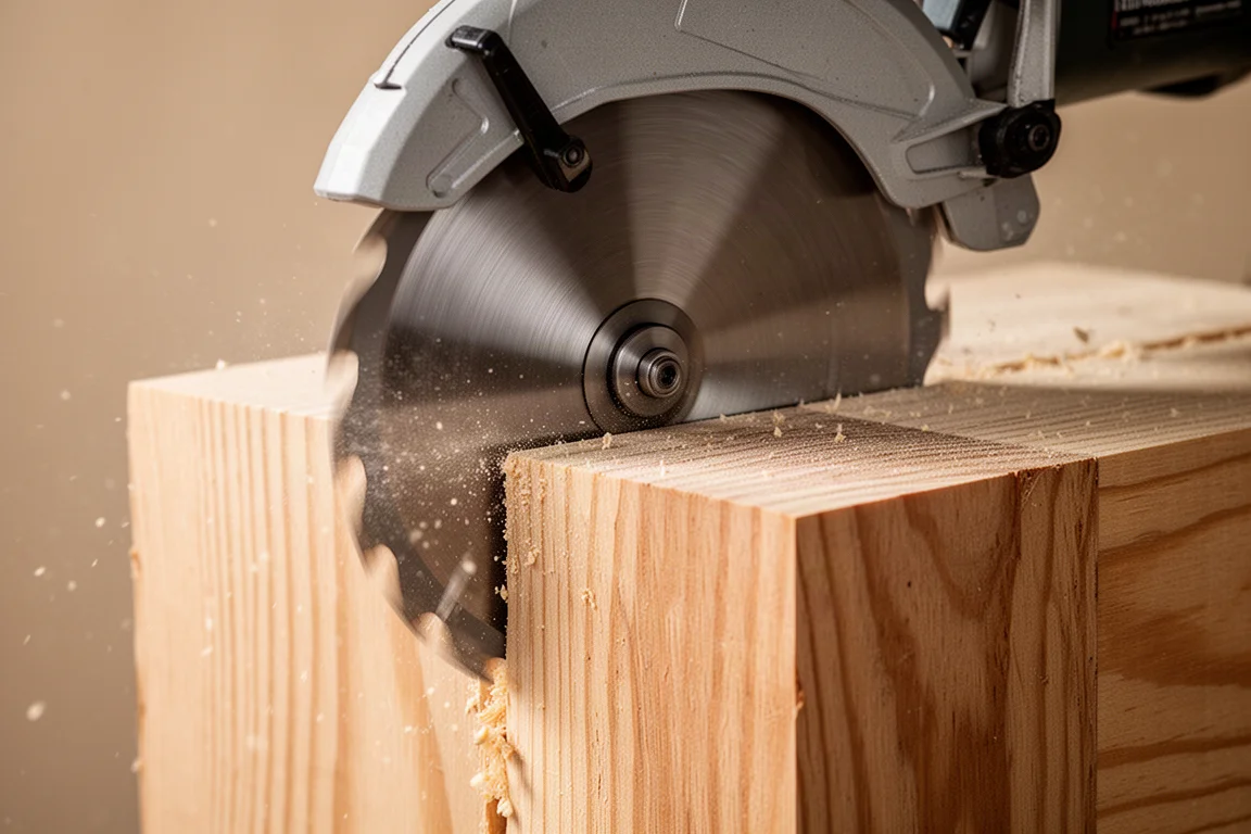 Table saw blade cutting deep into a thick 4x4 lumber block