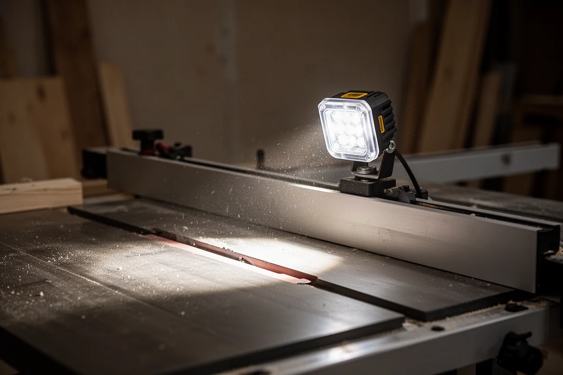 LED work light illuminating a saw fence in a dim jobsite setting