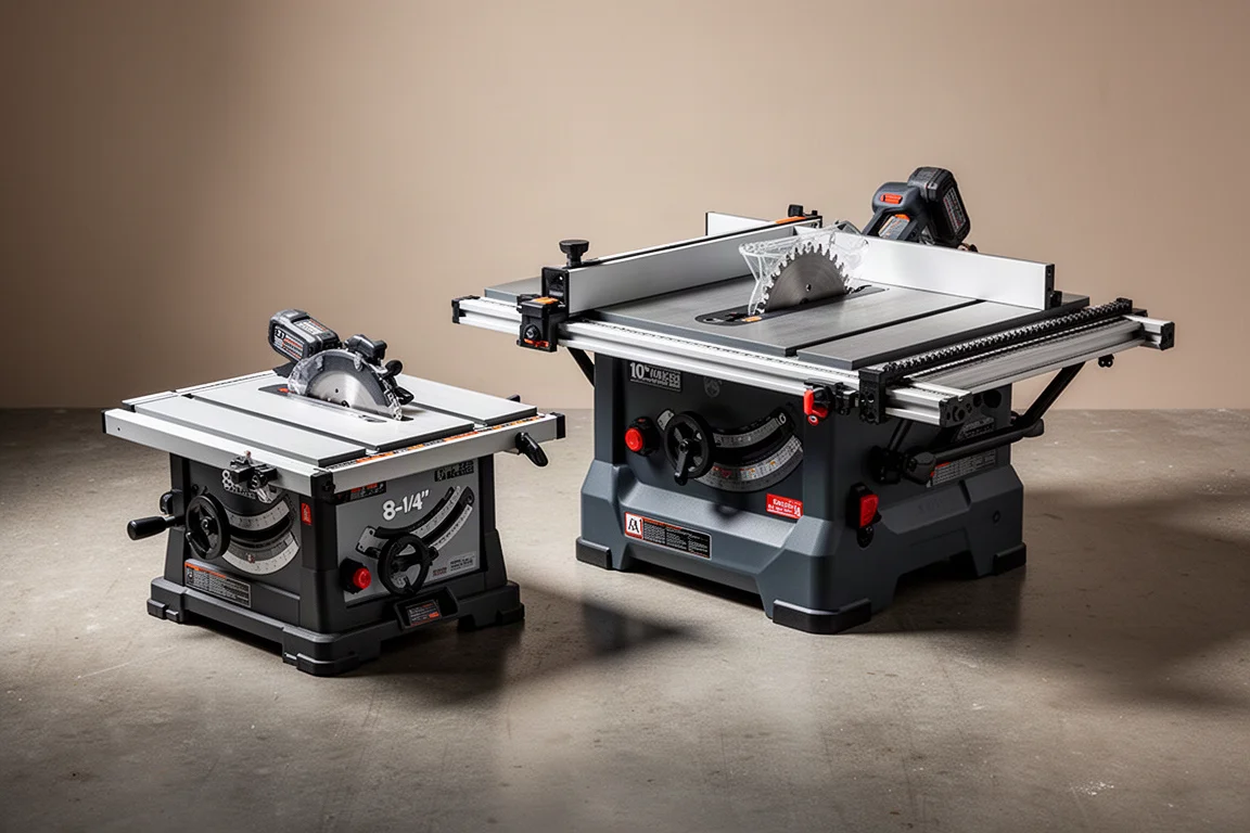 Two Flex table saws side by side on a concrete workshop floor