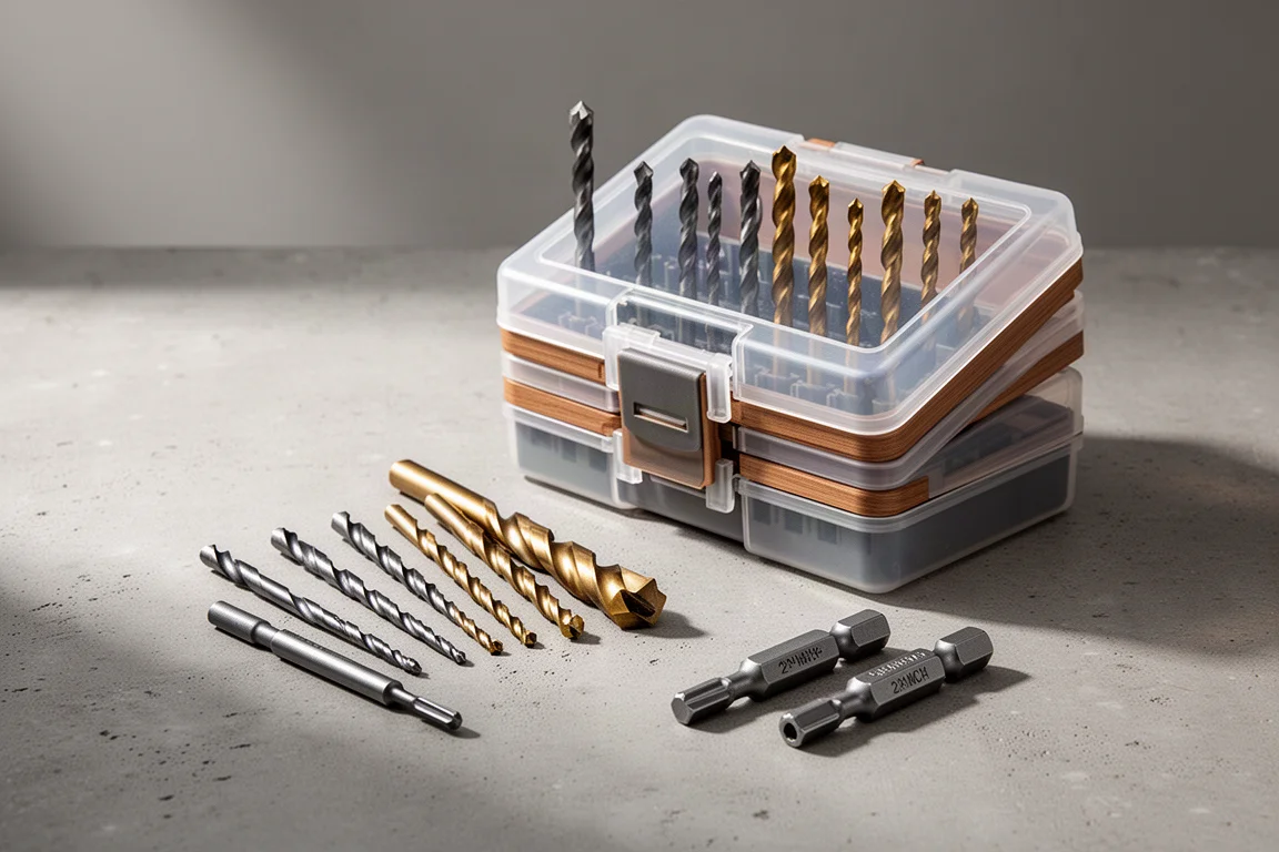 Flex Impact Shield multimaterial drill bit set with stackable case on concrete surface