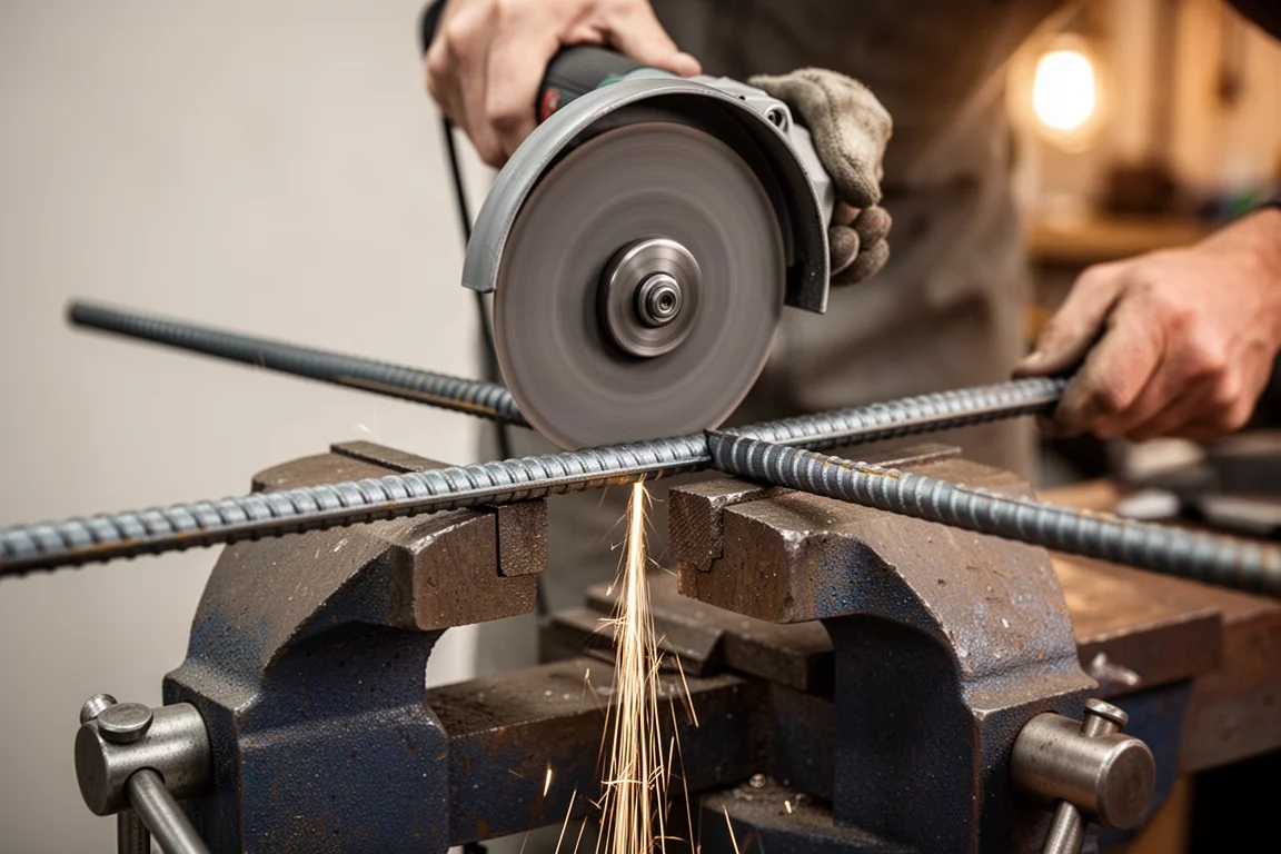 Angle grinder slicing through steel rebar with sparks flying