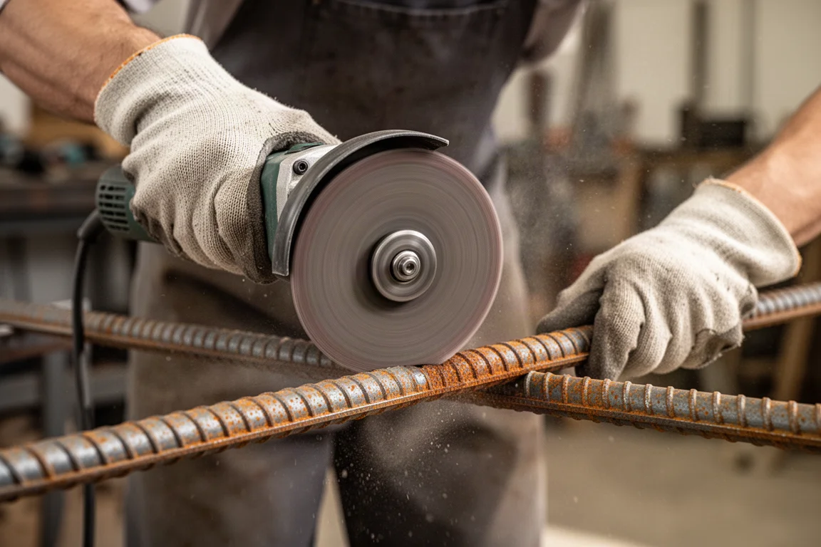 Welder cleaning rust from steel with a flap disc at low grinder speed
