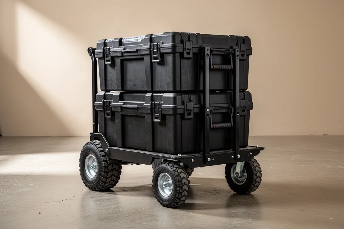 Rolling tool box with a second box mounted on its rear dolly mounts