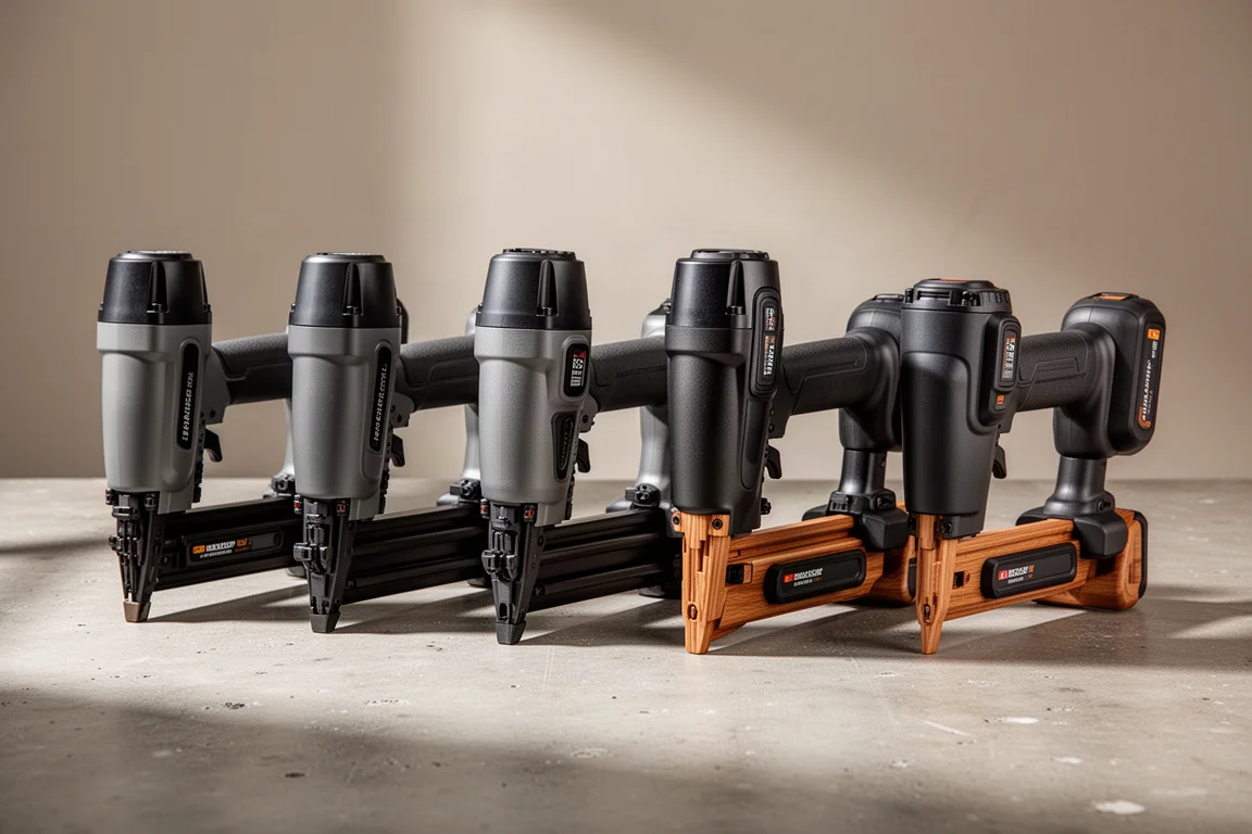 Linha completa de pregadores e grampeadores Flex 24V sem fio dispostos sobre uma superfície de concreto