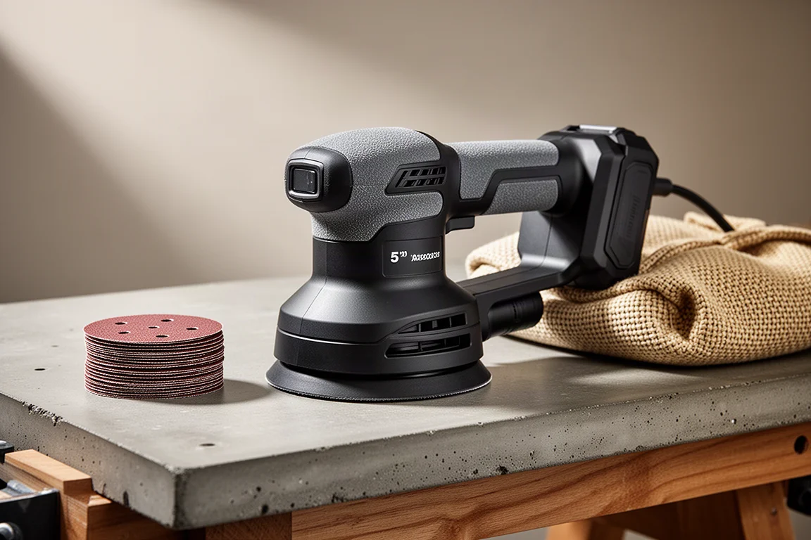 Flex cordless orbital sander with dust bag and sanding discs on a concrete workbench