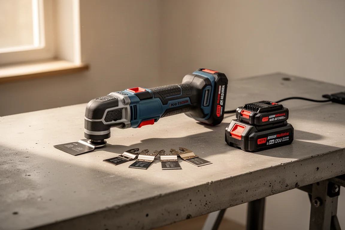 Cordless oscillating multi-tool resting on a workbench with blade accessories nearby