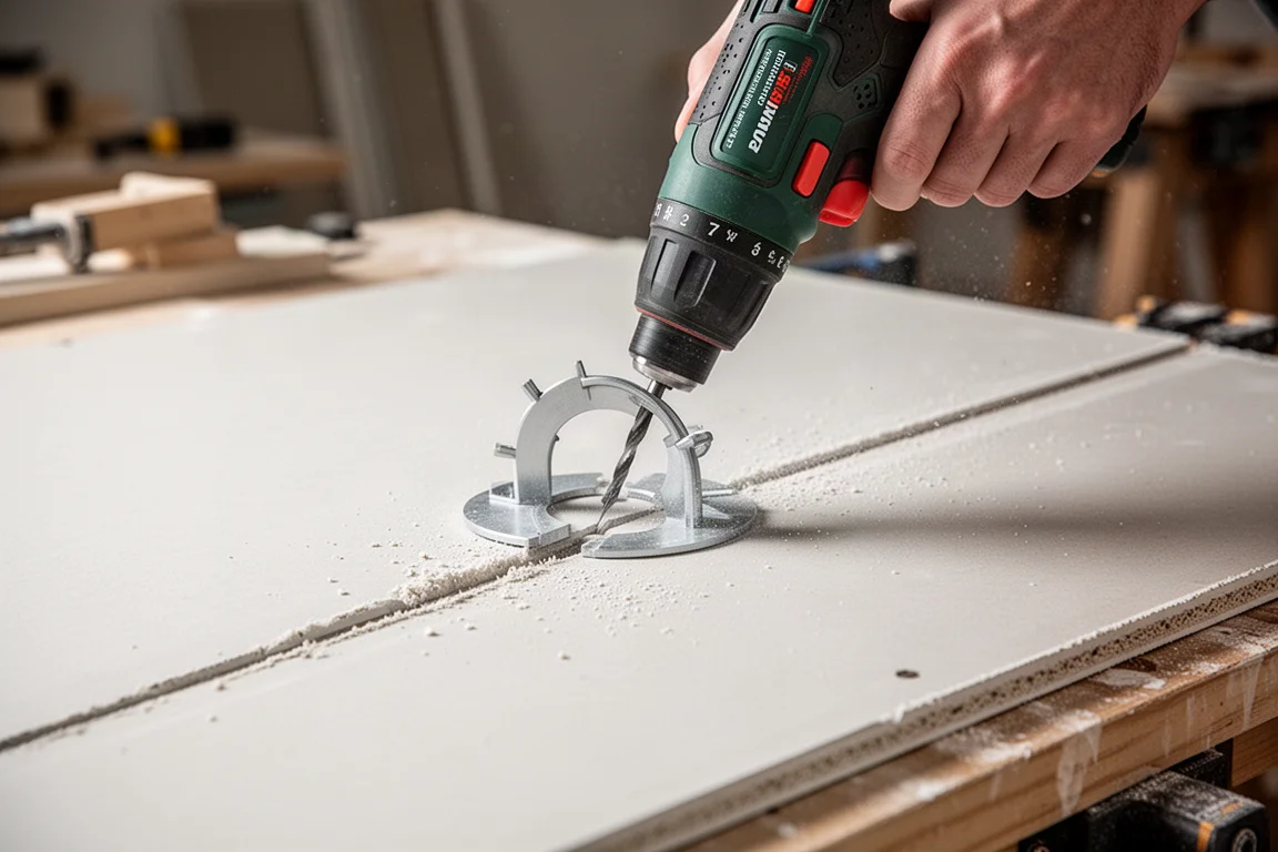 Multi-tool cutting drywall with an adjustable depth guide attached