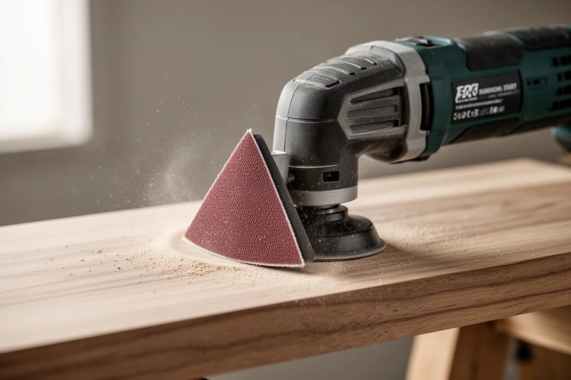 Multi-tool sanding pad smoothing a wooden surface with fine dust