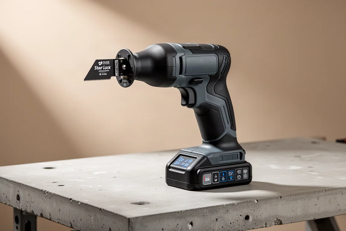 Flex cordless oscillating multi-tool on a concrete workbench
