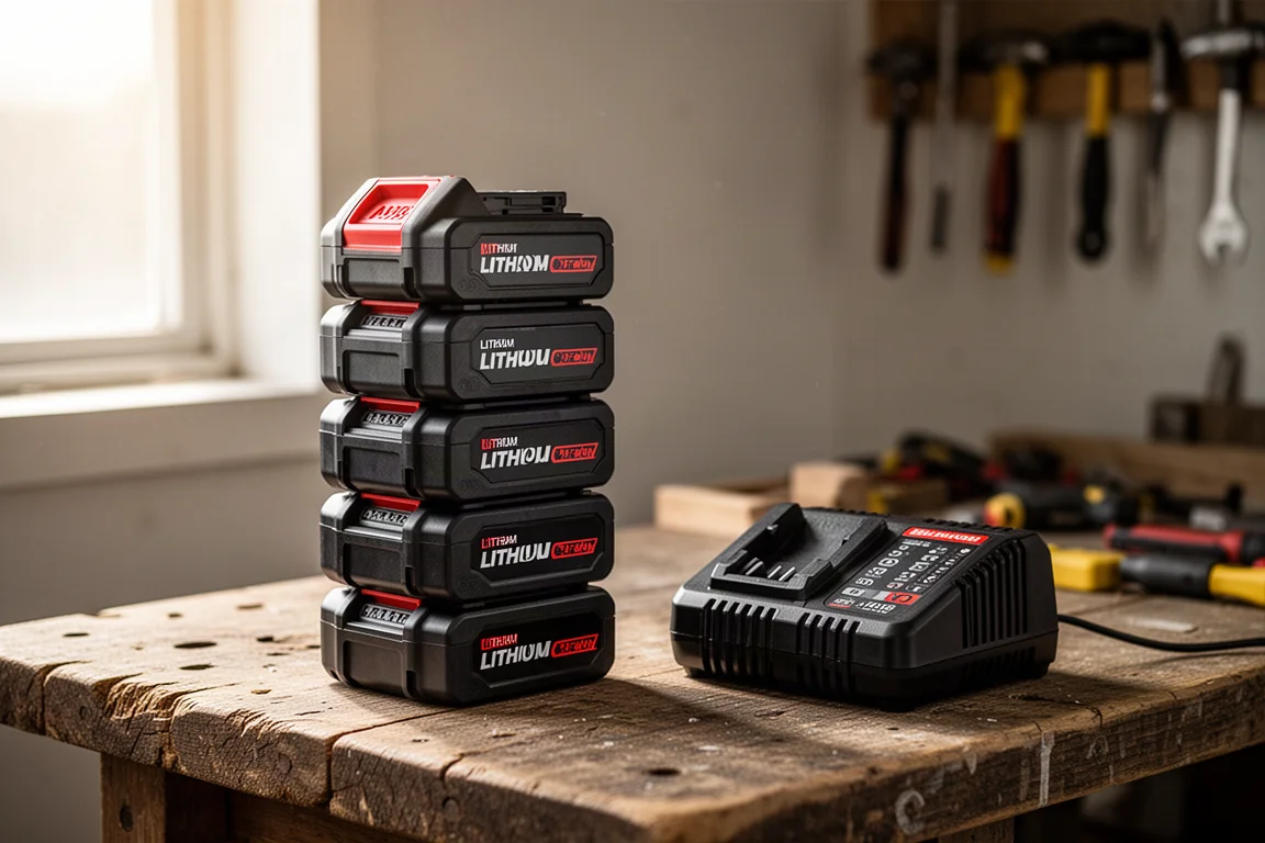 Large stacked lithium battery pack on a workshop bench beside a rapid charger