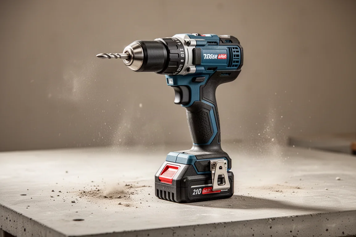 Hammer drill resting on a workbench with stacked lithium battery attached