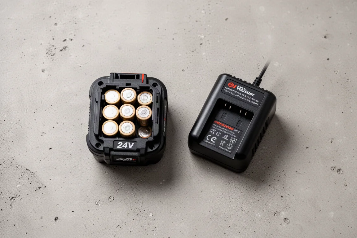 Compact 24V battery pack and fast charger arranged on a neutral surface