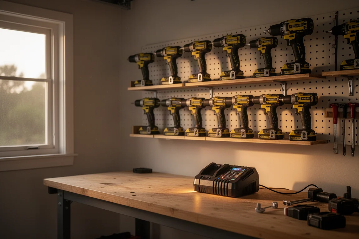 Workshop shelf lined with cordless power tools under warm light