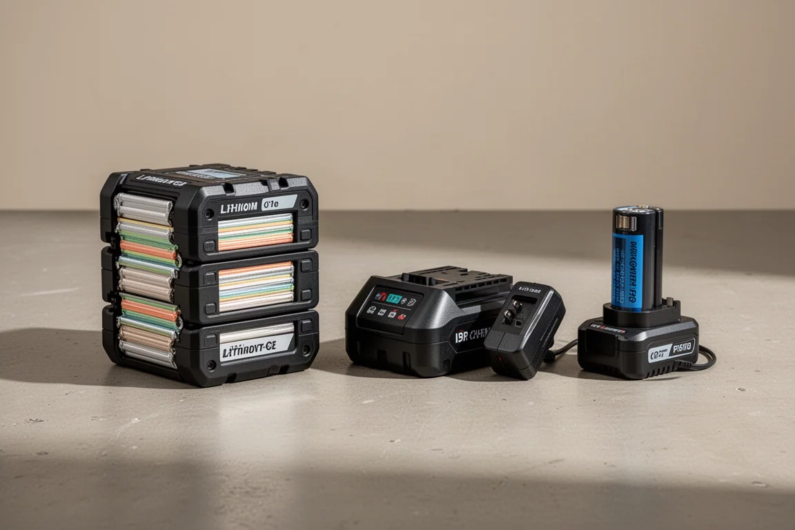 Three Flex battery kits of increasing size arranged on a concrete floor
