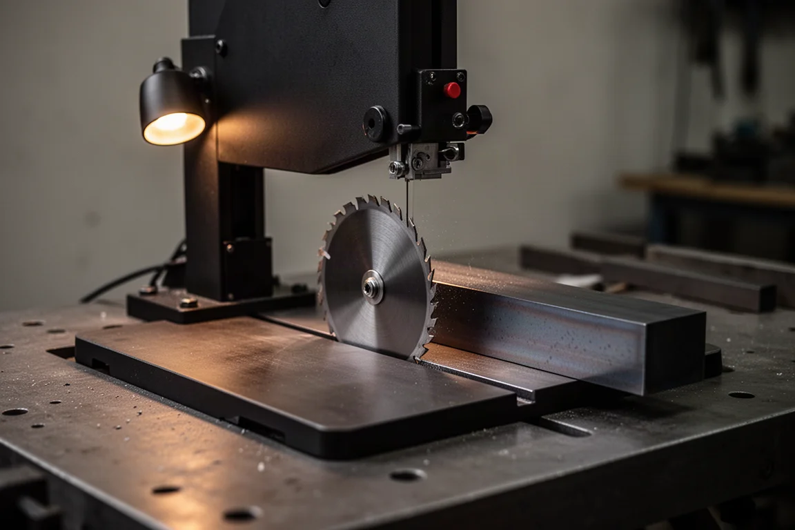 Tiefe Bandsäge schneidet durch dickes Metallmaterial in einer düsteren Werkstatt