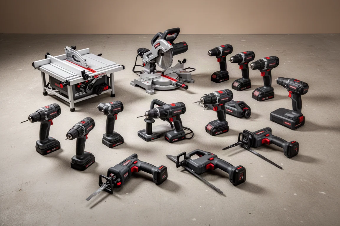 Collection of Flex power tools including saws and drills on a concrete workshop floor