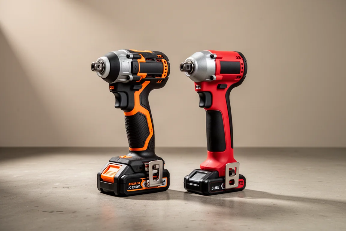 Two flagship cordless impact drivers standing side by side on a concrete workshop floor