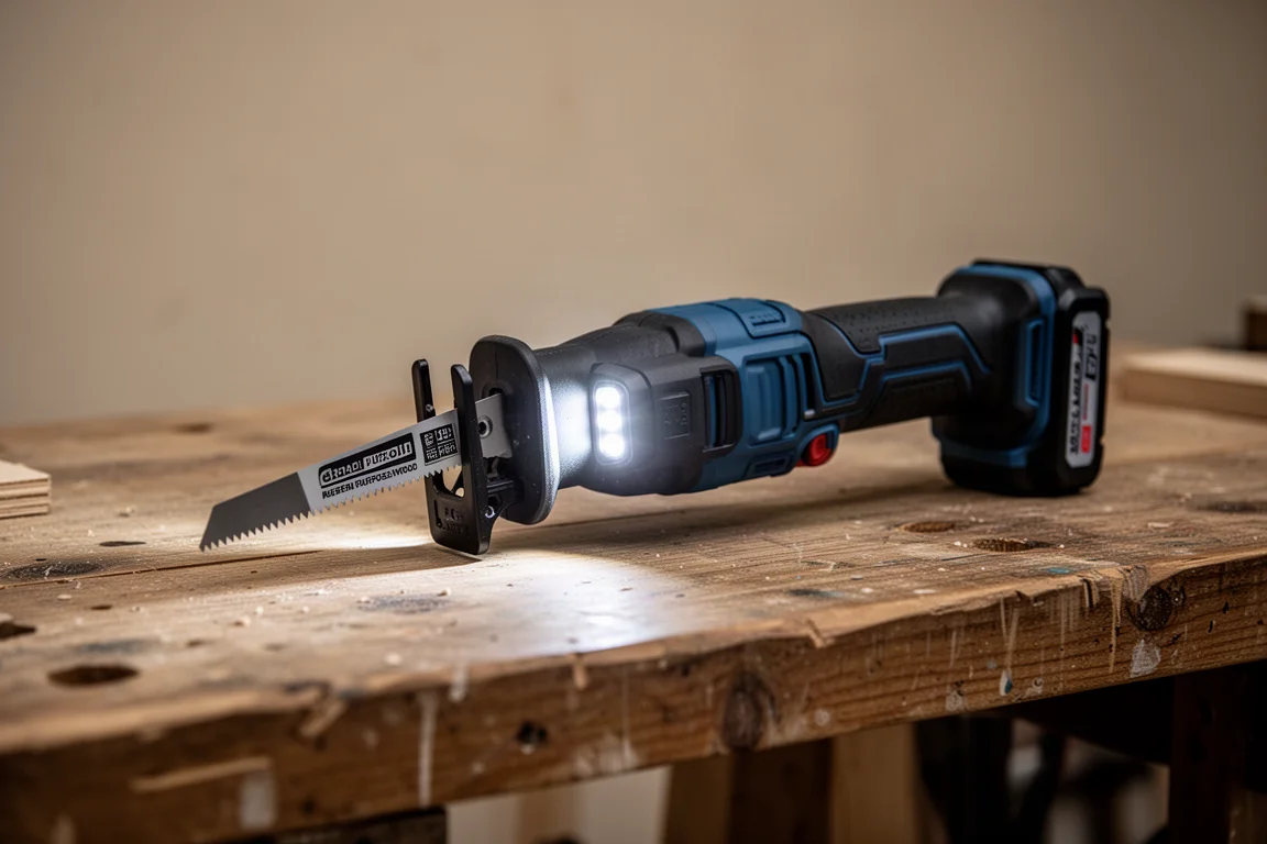 Cordless reciprocating saw resting on a workbench with its LED light switched on