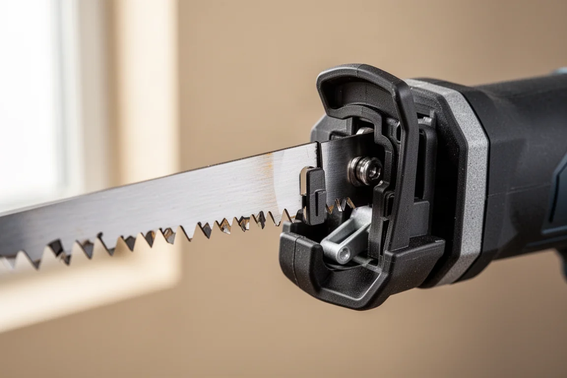 Close-up of a reciprocating saw blade locked into its tool-free holder