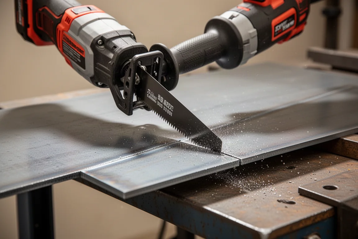 Reciprocating saw cutting through a thick steel plate with a metal cutting blade
