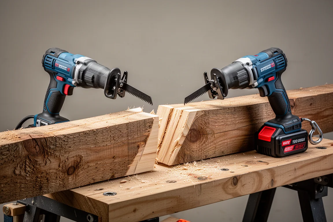 Two reciprocating saws positioned side by side on a test bench during a cut-off comparison