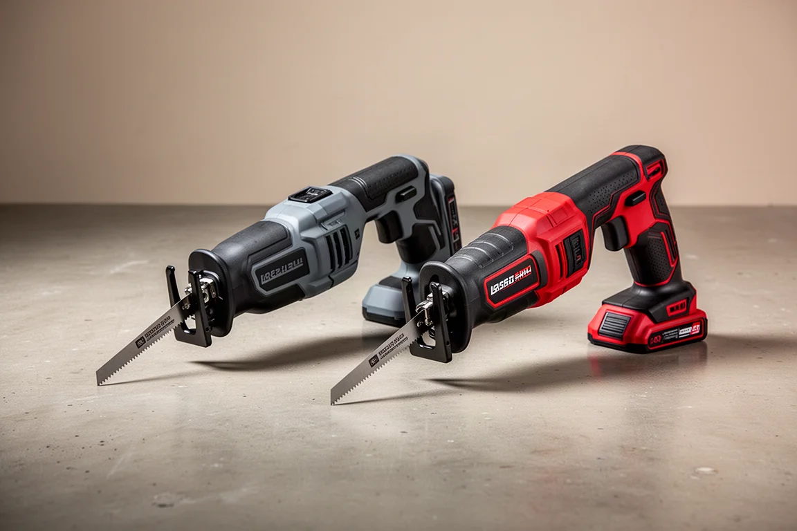 Flex and Milwaukee reciprocating saws side by side on concrete
