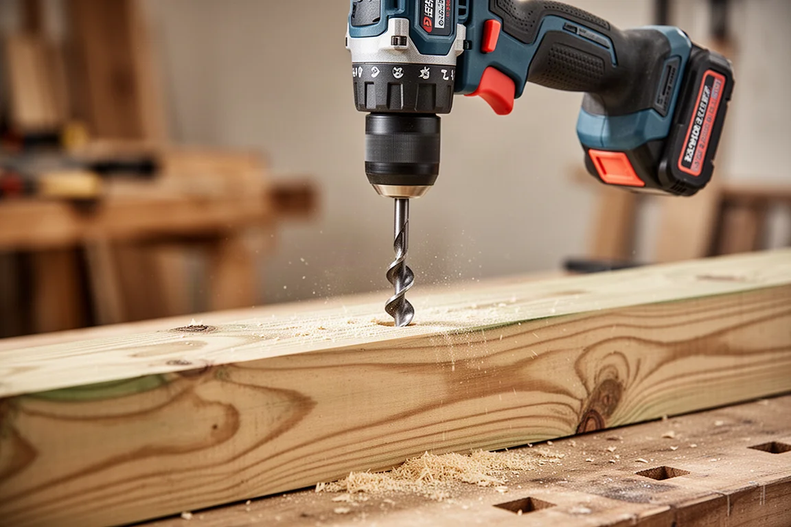 Cordless right angle drill drilling into a wooden beam in a workshop