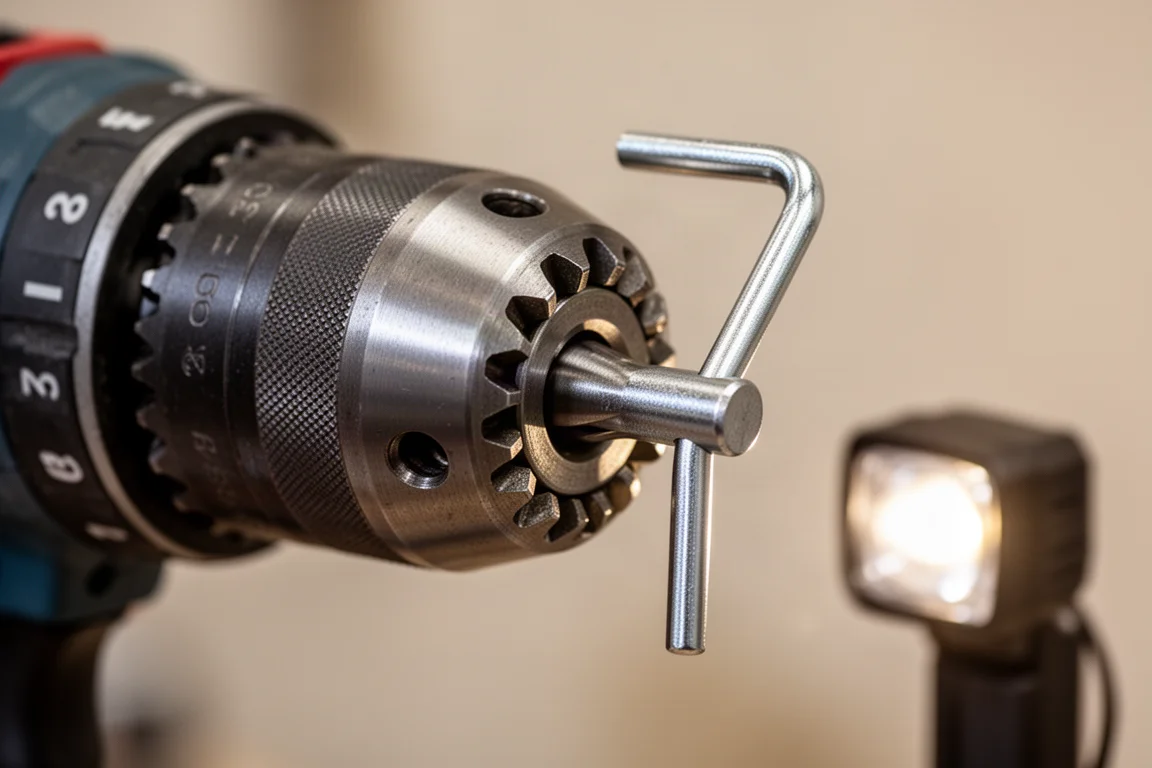 Close-up of a keyed chuck with a chuck key locked into the jaw of a drill