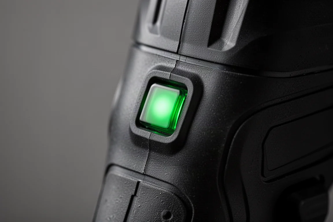 Green turbo indicator light illuminated on a power tool body