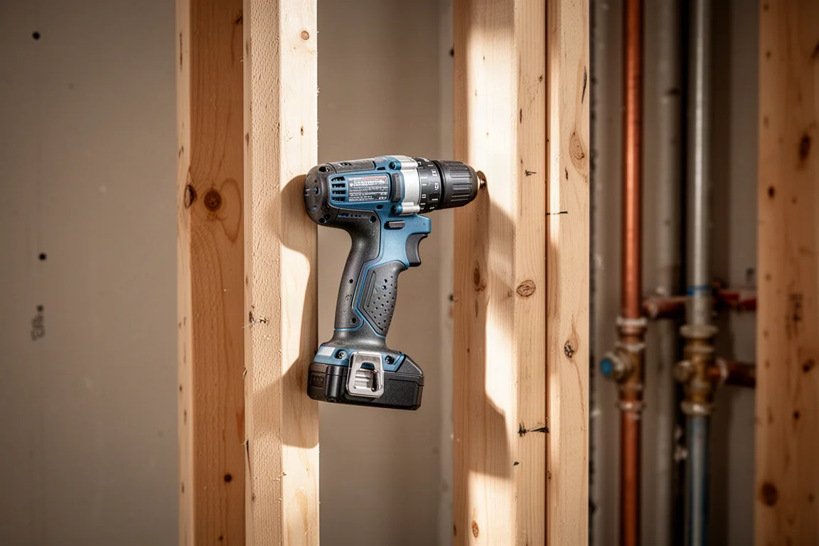 Contractor drilling between wall studs in a tight framed space