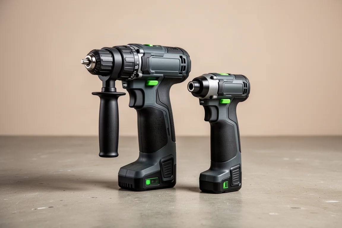 Two Flex right angle drills side by side on a concrete floor