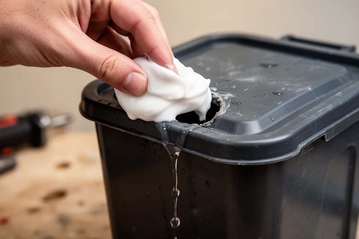 Woda cieknąca z dziury w plastikowym pojemniku uszczelnianym gęstą białą pastą
