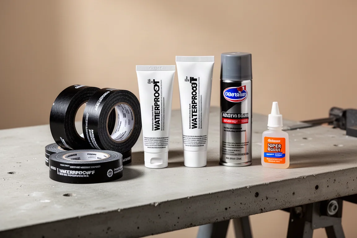 Lineup of waterproof tapes, adhesive tubes, and sealant cans on a concrete workbench