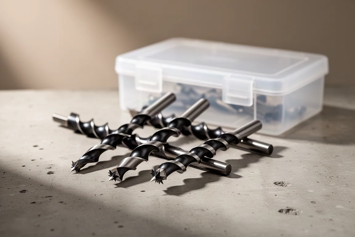 Three auger bits with spiral flutes on a workbench beside a clear-lid storage case