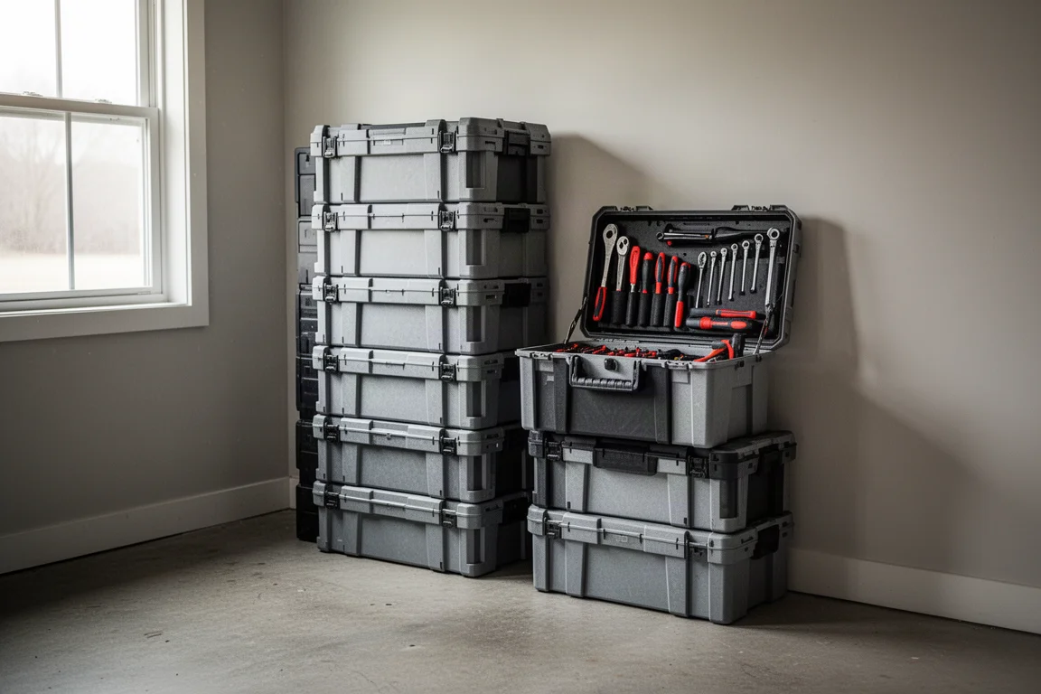 Grey modular tool storage boxes stacked in a garage workshop