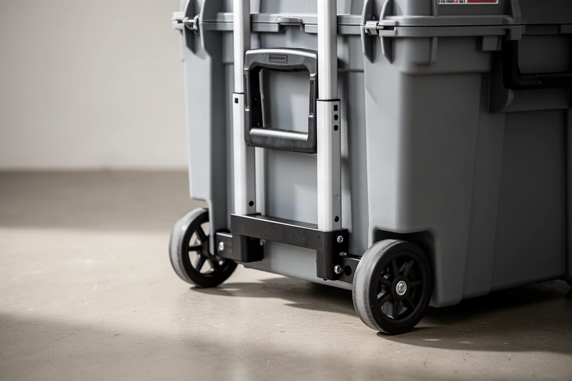 Rolling tool box with telescoping handle on a concrete floor
