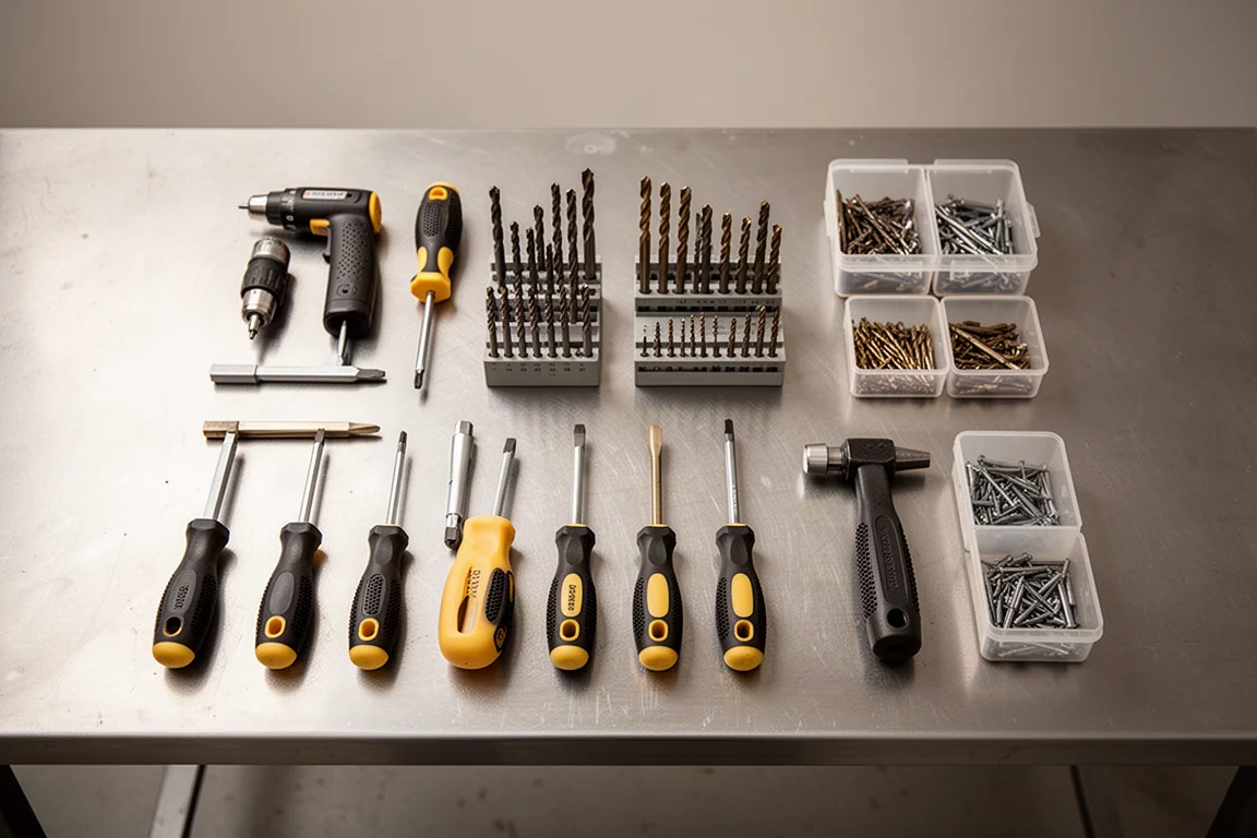 Organized tool accessories laid out on a workshop bench
