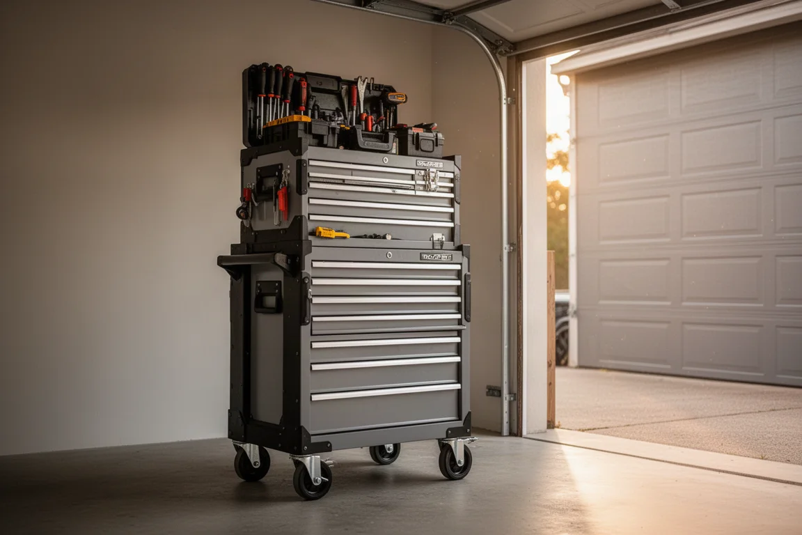 Rolling tool storage system loaded and ready to transport in a workshop