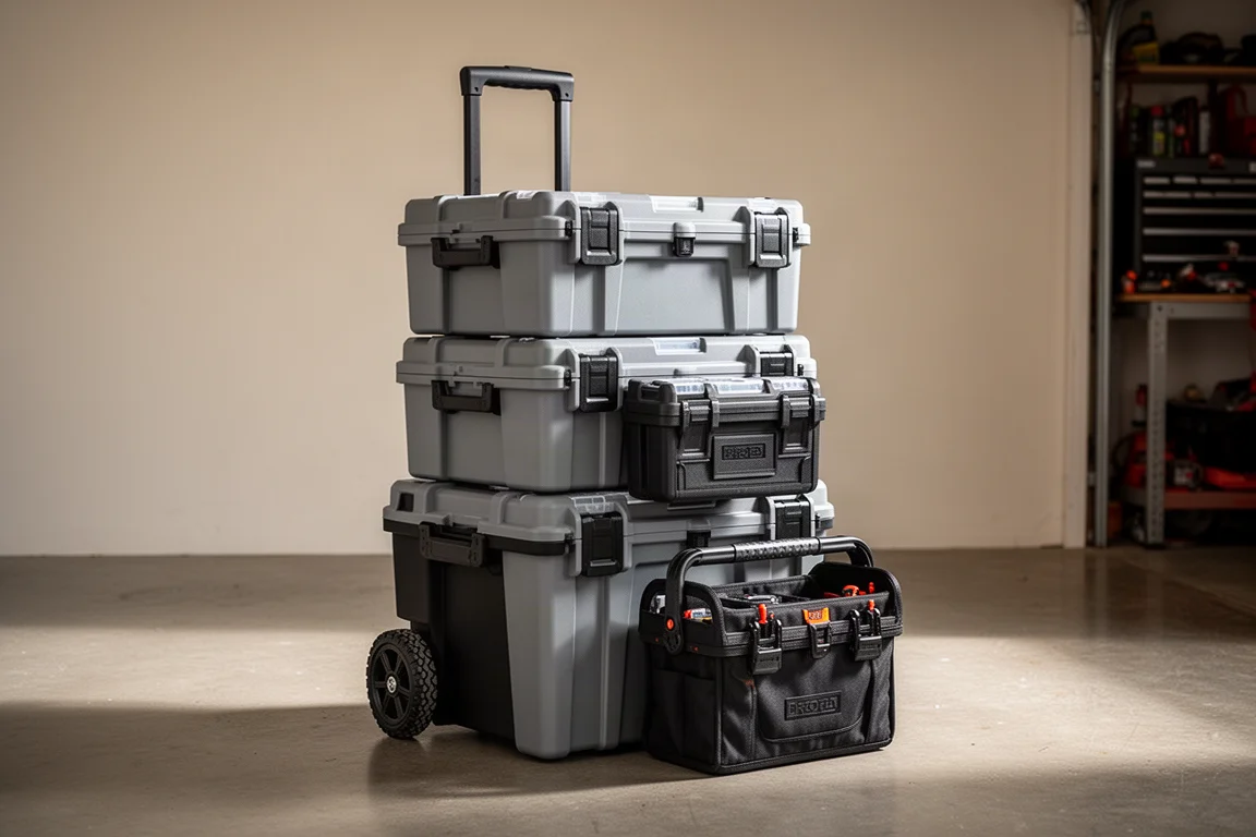 Grey modular tool storage boxes stacked together in a workshop
