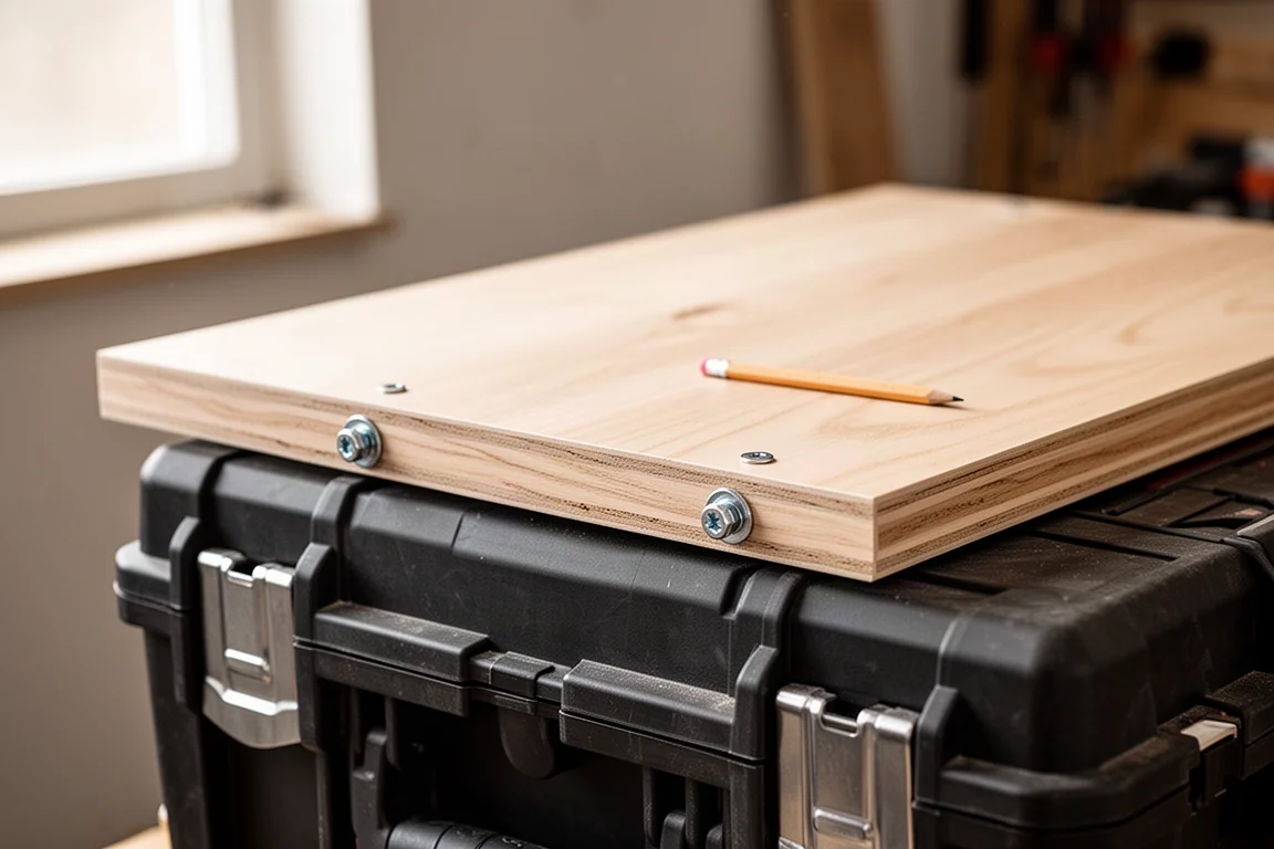 Removable wooden worktop fitted on top of a black modular tool box