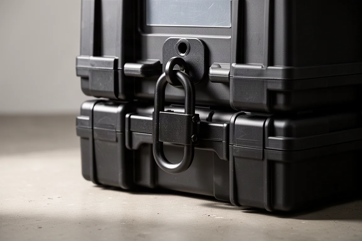 Metal lock bar threaded through latch points securing stacked tool boxes