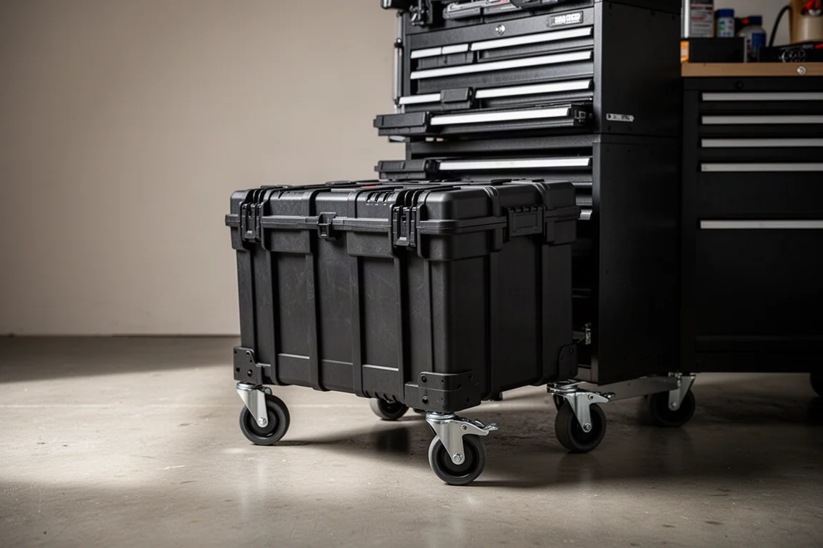 Rolling tool box with casters partially withdrawn from a stacked unit