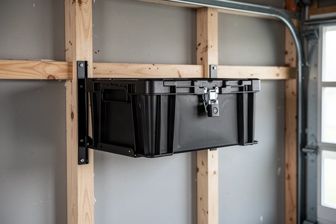 Wall-mounted bracket holding a latched crate in a workshop