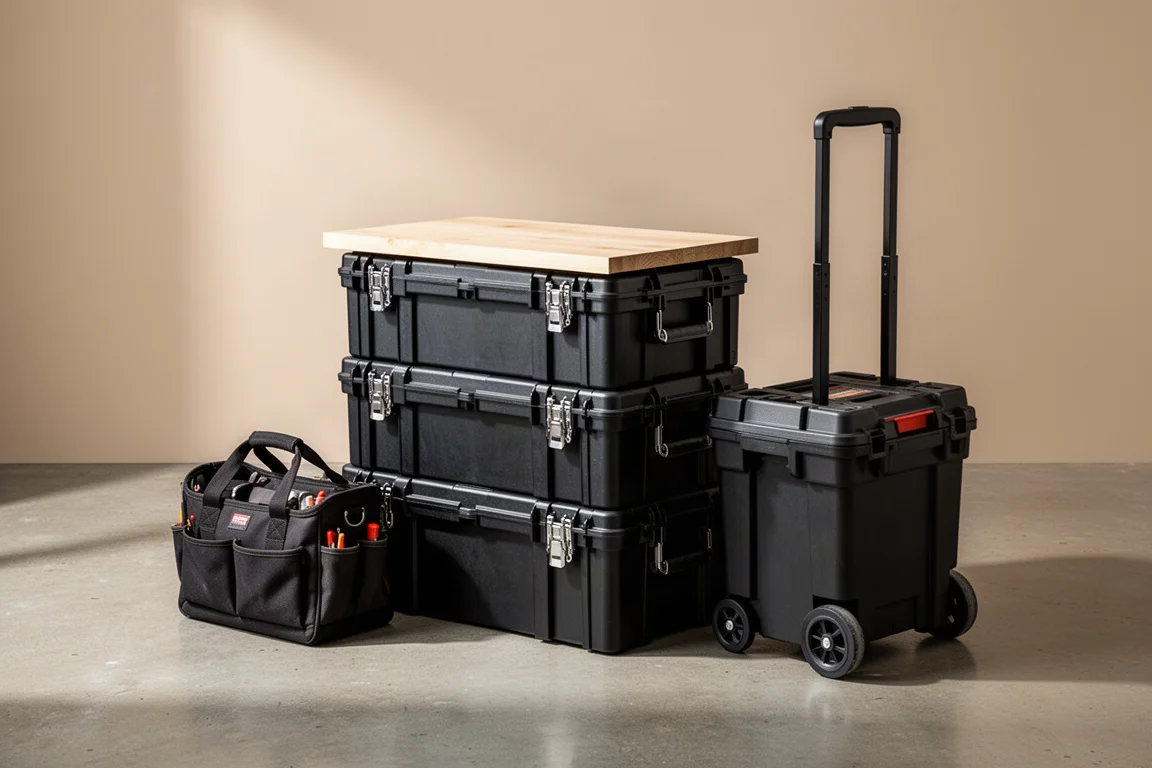 Stacked modular tool storage boxes with wooden worktop, soft tote, and rolling tote on concrete