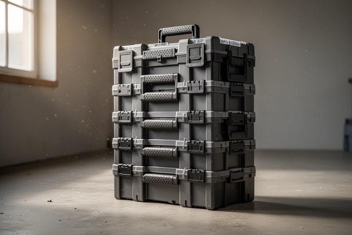 Stacked modular tool boxes with rubberized handles arranged on a workshop floor