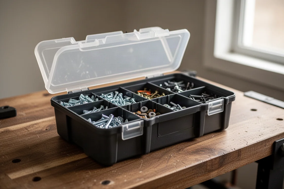 A deep clear-lid organizer box with small hardware visible inside