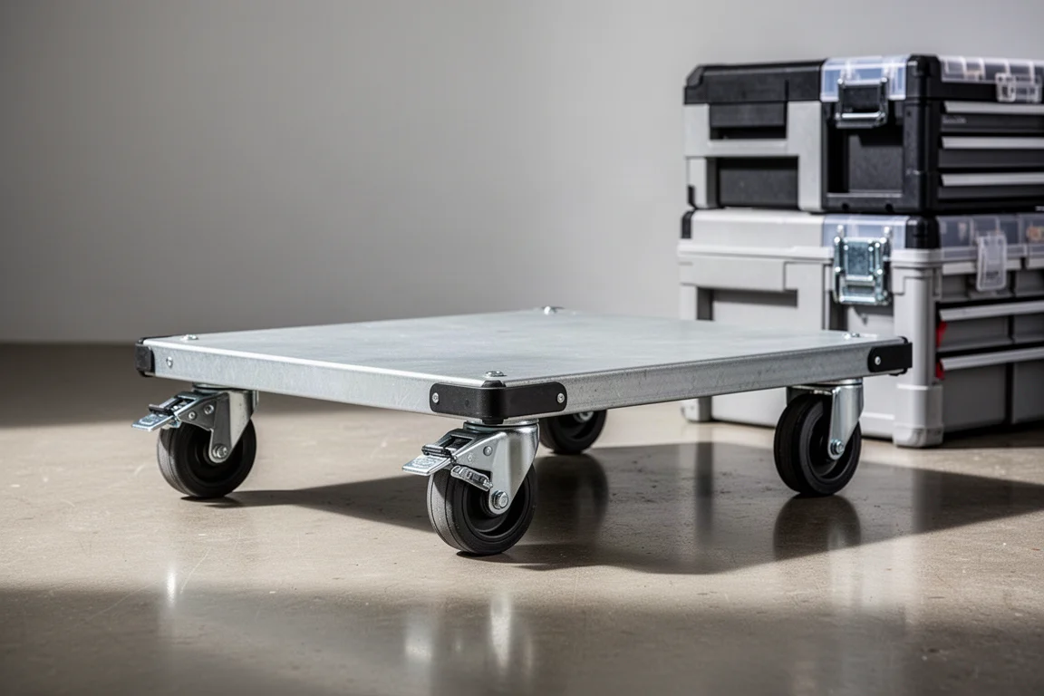 A dolly with locking rubberized casters positioned beside stacked tool boxes