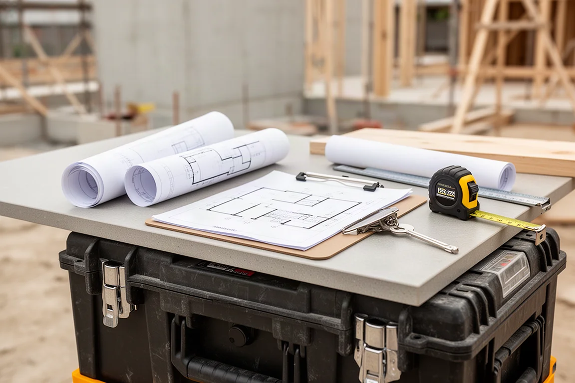 A contractor reviewing printed plans on top of a sturdy worktop box at a job site