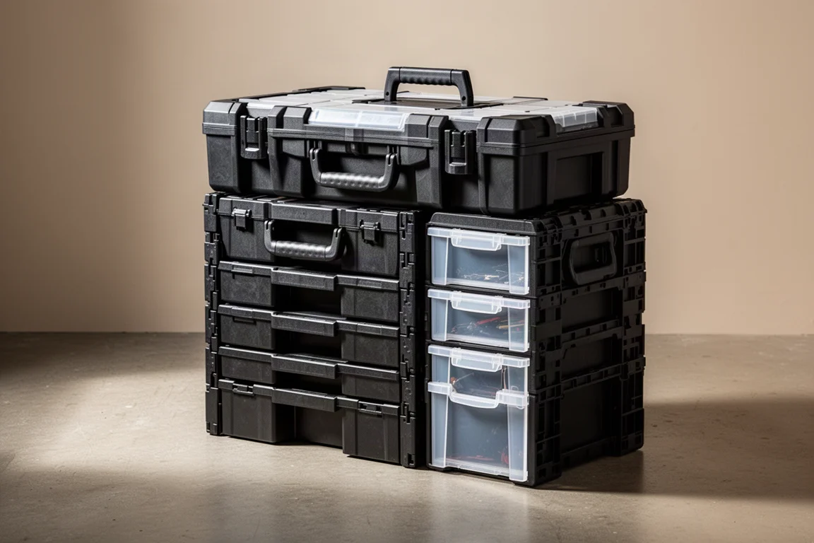 Stacked modular tool storage boxes with a three-drawer unit, organizer, and worktop on a concrete floor
